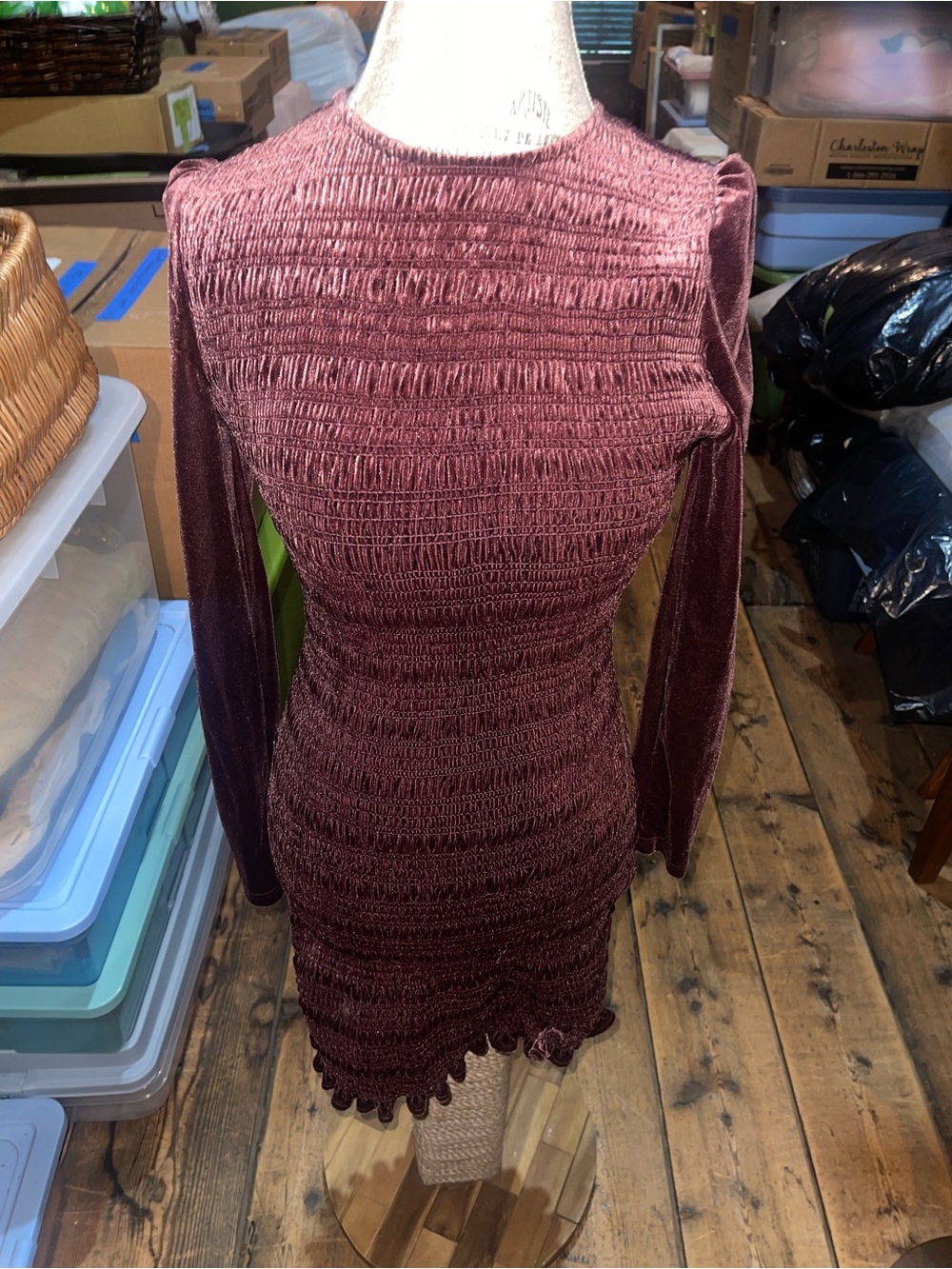 Aqua Long Sleeve Smocked Bodycon Dress - Wine